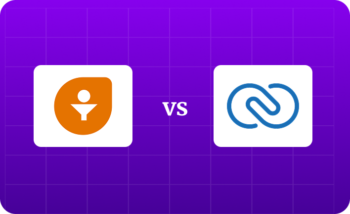 Illustration comparing Freshsales and Zoho CRM logos with a “vs” symbol on a purple grid background.